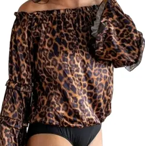 Sexy Black Leopard Plus Bodysuit - Off Shoulder Ruffled Sleeves Lightweight Stretchy Fabric Fashionable Comfortable Stylish