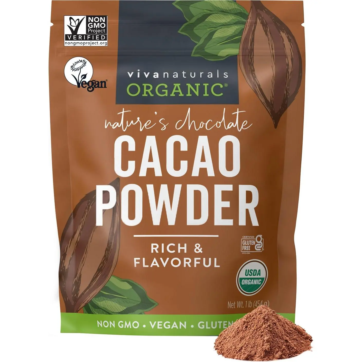 Vivanaturals Organic Cacao Powder - Unsweetened, 1 lb (454g), Rich Dark Chocolate Flavor, Vegan, Keto, Paleo, Non-GMO, Gluten-Free, Low-Calorie for Baking, Smoothies