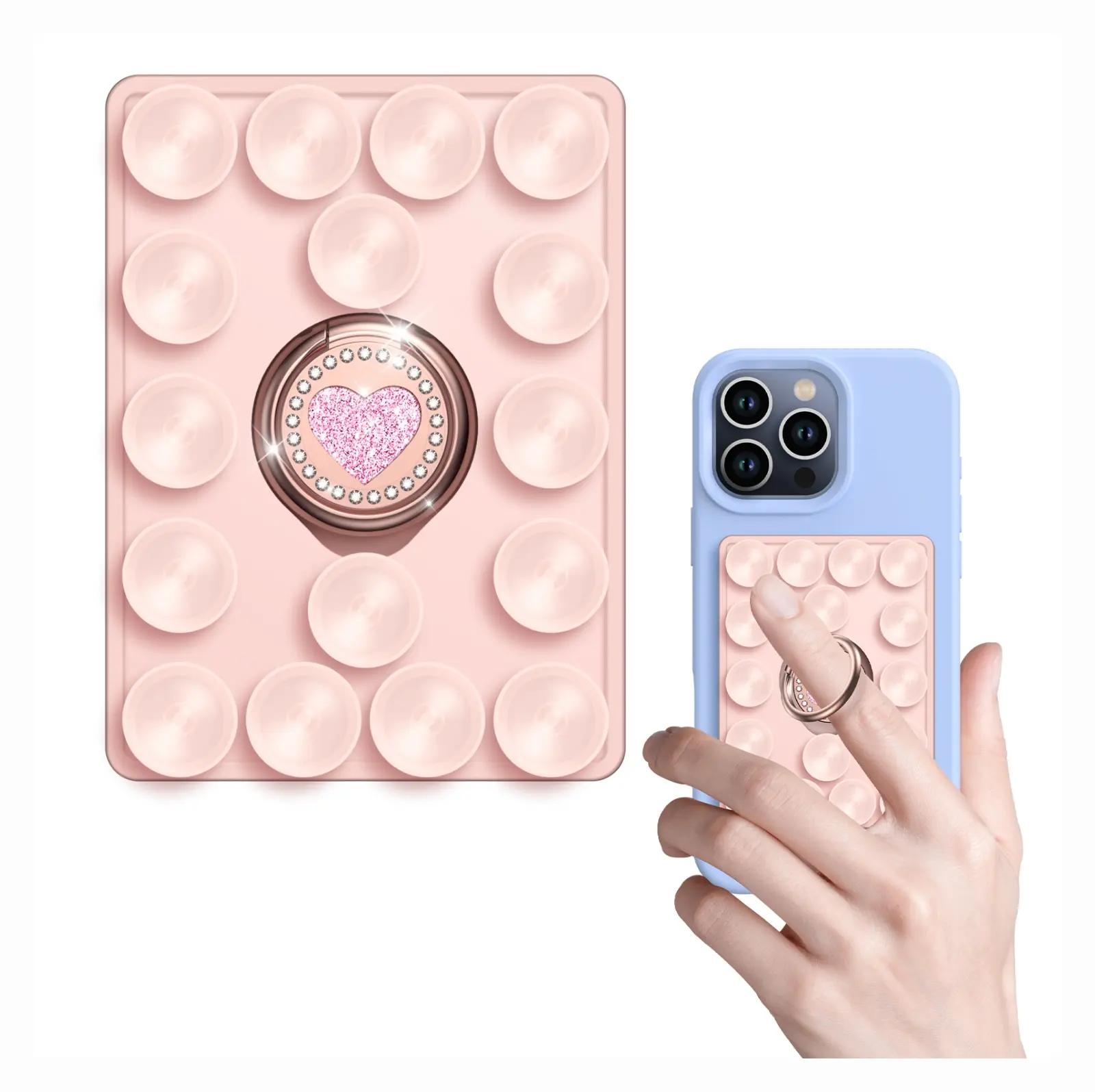 Silicone Suction Cup Mobile Phone Case Mount - Flexible Handheld Holder with Heart-Shape Ring, Strong Adhesive Pad for Content Creators, Hands-Free Video Calls on the Go - Works on Glass, Tile, Metal - iPhone, Android Accessories