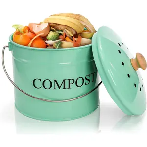 Kitchen Compost Bin, 1 Gallon Countertop   Container, Odorless Composter Bucket with Lid and Charcoal Filter, Indoor Metal Composting Pail, Mint Green