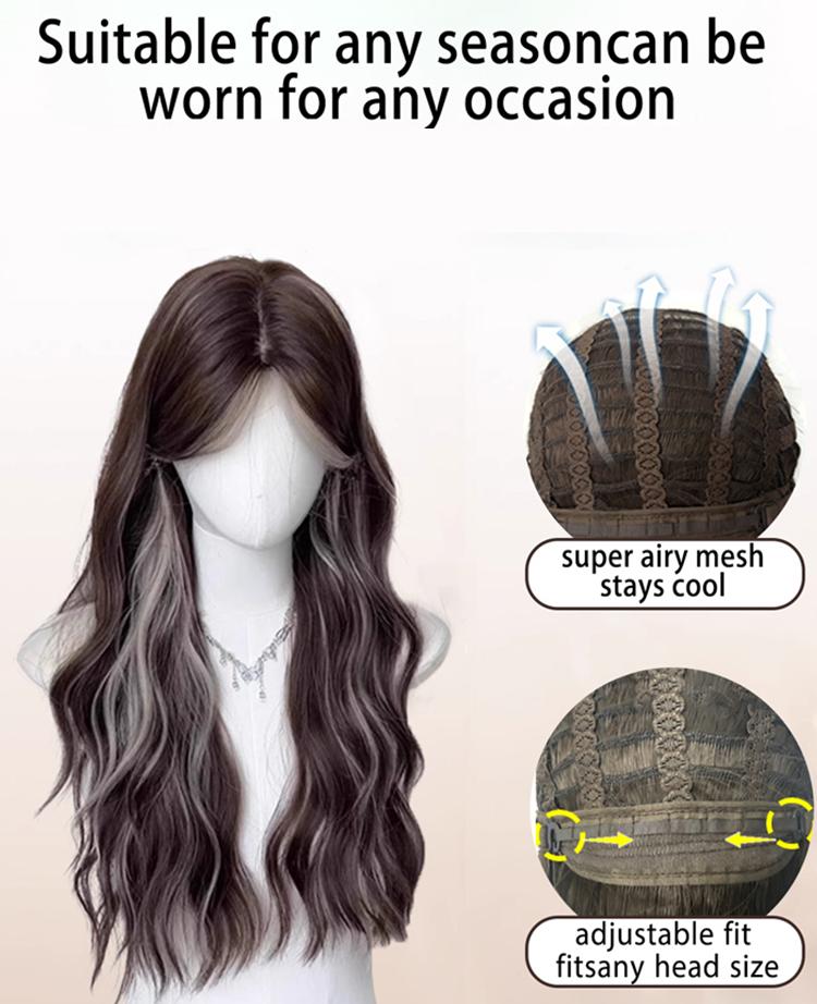 Lotfon Women's non-adhesive synthetic wig, Brown with white highlights big wave style, adjustable head circumference, comfortable fit, easy to wear, lightweight and breathable, instantly changes your style, suitable for daily wear and cosplay.