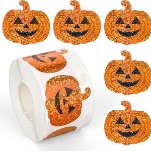 1pc/500sheets Hot Halloween Pumpkin Stickers Roll Waterproof Shiny Self-Adhesive Stickers for Party Decor, Fun Stickers, Boo Ghost Holographic Stickers for Scrapbooking & Envelopes.Share with friends and family.