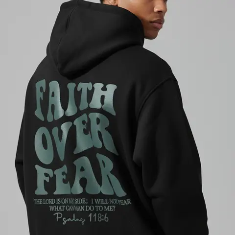Men's Faith Over Fear Graphic Graphic Hoodie - Cotton Blend Black Long Sleeve Pullover Regular Fit | Soft & Breathable Fabric, Durable Print, Everyday Comfort, Machine Washable, casual urban outdoor commuting