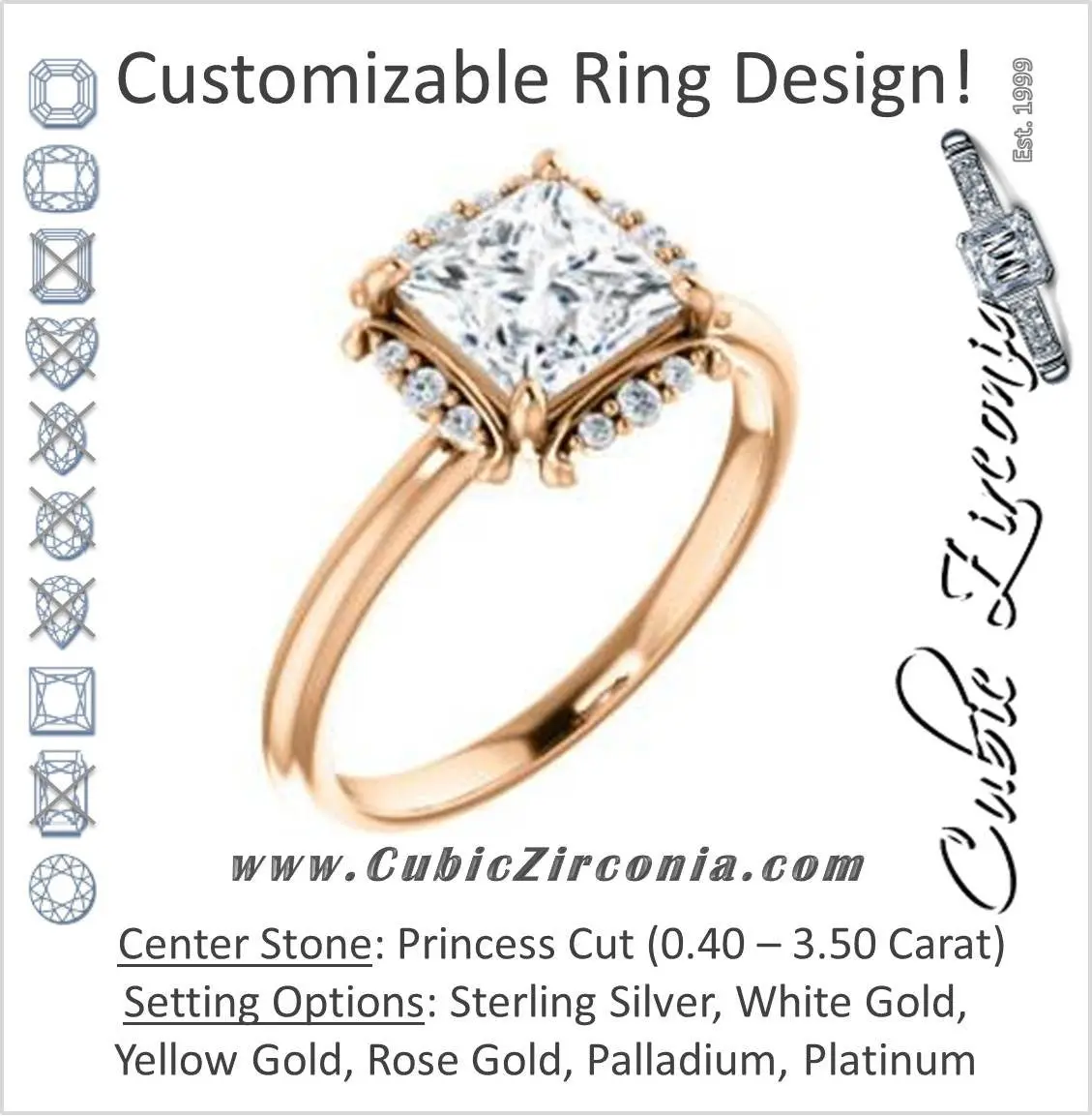 Cubic Zirconia Engagement Ring- The Tiara Rose (Customizable Princess Cut Design with Thin Band & Semi-Halo)