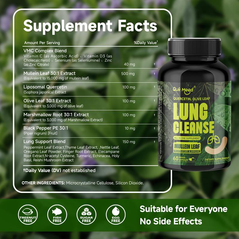 Mullein Capsules - Lung Cleanse Supplement for Smokers - Mullein Leaf Extract - VMC Complex Blend & Lung Support Blend & Herbals - Lung & Bronchial Detox & Respiratory - Immune Support - Natural Supplement - 60 Capsules(1 Month Supply)