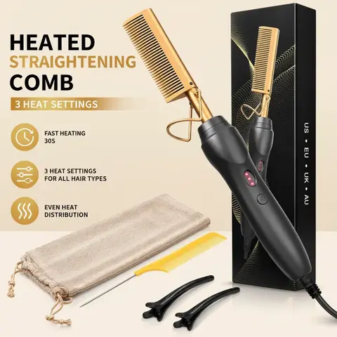 Hot Comb Hair Straightener for Black Hair, Professional Electric Pressing Comb for Silk Press, Wigs & Natural Hair, Smooth, Curling Straightening Tool