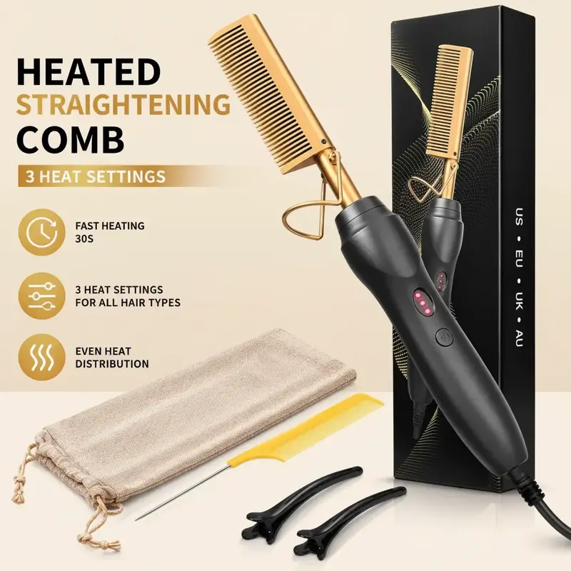 Hot Comb Hair Straightener for Black Hair, Professional Electric Pressing Comb for Silk Press, Wigs & Natural Hair, Smooth, Curling Straightening Tool