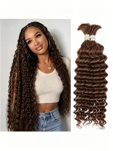 Chocolate Brown Deep Wave Human Braiding Hair Boho Braids 2 Bundles/PACK Human Hair Deep Wave Bulk Human Hair Bundles For Braiding 15A Brazilian Virgin Curly Human Hair Extensions Wet And Wavy Braiding Hair For Party, Cosplay, Daily Use, #4 Chocolate