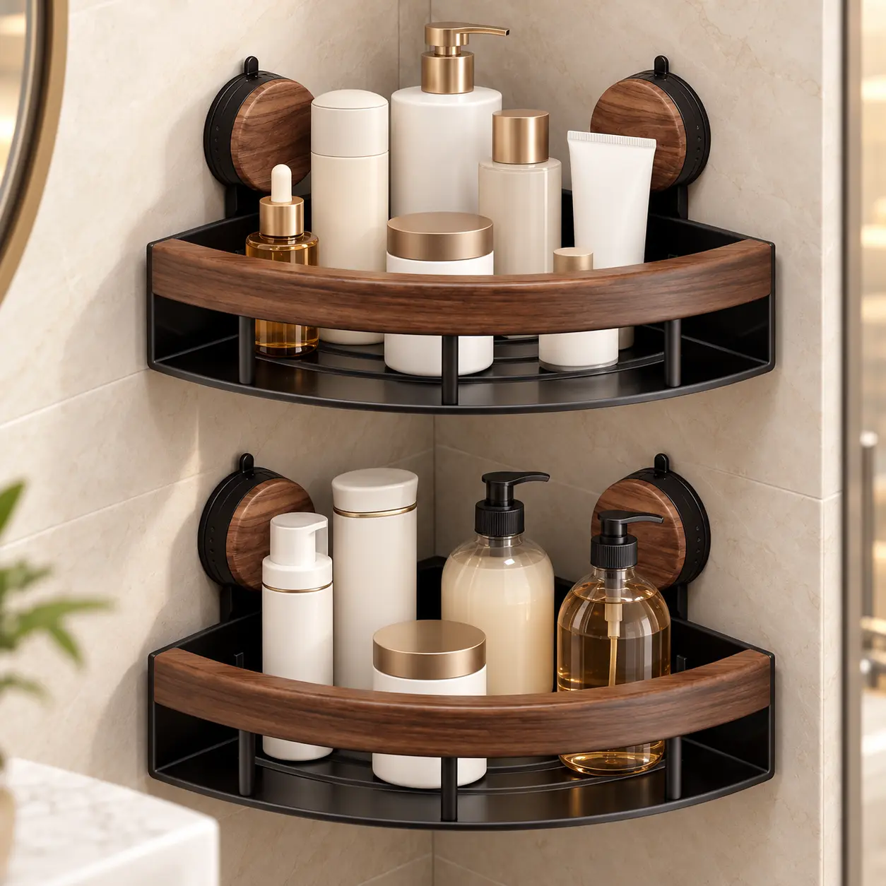 Suction-Mounted Corner Shower Caddy, Walnut Wood & Matte Black Bathroom Organizer with Towel Bar, No-Drill Wall-Mounted Triangular Storage Shelf for Shampoo, Conditioner, Body Wash and Toiletries, Space-Saving Shower Corner Rack