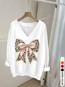 Elegant Women's Casual Top, Leopard Print V-Neck Long Sleeve Sweatshirt, French Style Knitwear, Suitable for All Seasons