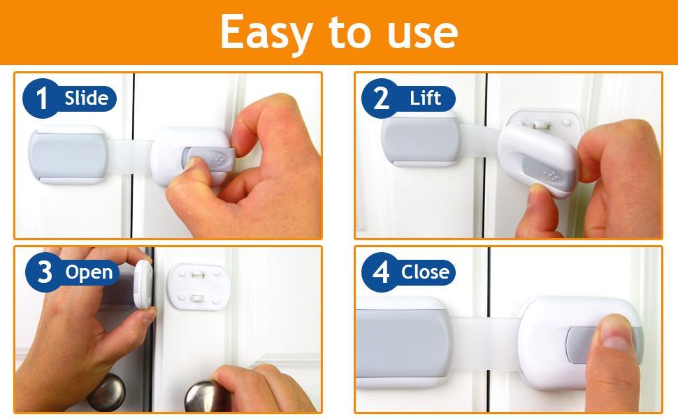 Baby Safety Cabinet Locks (10 Pack, Non-Toxic ABS & TPE) - 0-3 Years Toddler Protection, Flexible Retractable Adjustable Strap Length, Strong 3M Easy Peel-and-Stick Install, Blocks Access to Cleaners, Secures Fridge, Doors, Appliances, Trash
