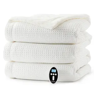 White 90"x100" Waffle Heated Throw Blanket - Electric Blanket with LCD Controller, 6 Heat Levels, 2-10H Time Settings, Advanced Heating System, Extended Power Cord, Gentle Cycle Machine Washable, Elevate Living Space, Fits Queen and King Sizes