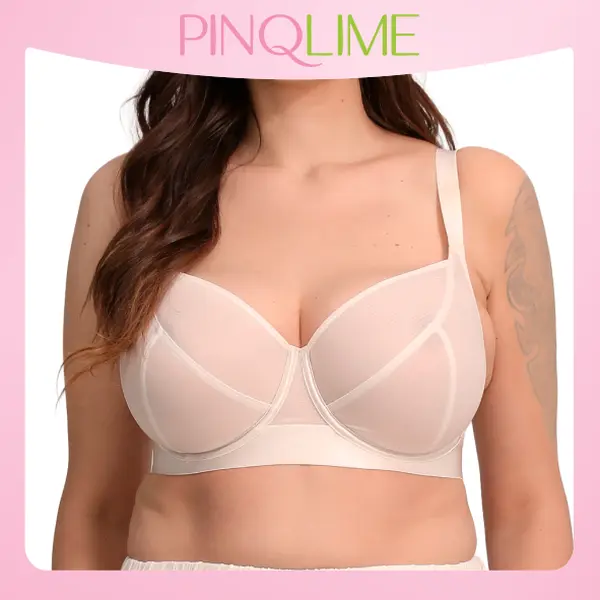 PINQLIME Amara Plus Size Mesh Bra for Women, Pre-Sized Stretchable Padless Mesh Everyday Bra Supportive Underwire Lingerie with Wide Straps, No-Show Sheer Contour, Full Coverage, Breathable Lift, Minimalist Style, Comfortable All-Day Fit (Sizes 34D, 42DD)