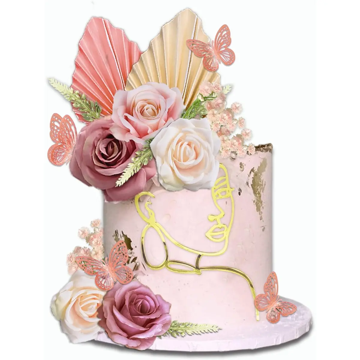26 piece cake decoration set with artificial flowers, faces, butterflies, and paper fans, easy to assemble, suitable for birthdays, weddings, anniversaries, parties, cake decoration supplies