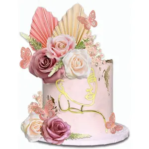 26 piece cake decoration set with artificial flowers, faces, butterflies, and paper fans, easy to assemble, suitable for birthdays, weddings, anniversaries, parties, cake decoration supplies