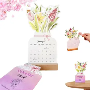 Bloomy Flowers Desk Calendar 2026, Creative Flower Desk Calendar with Wooden Base, Vase Shaped New Year Monthly Planner, Mini Standing Flip Decorative Floral Kalendar for Home Office School
