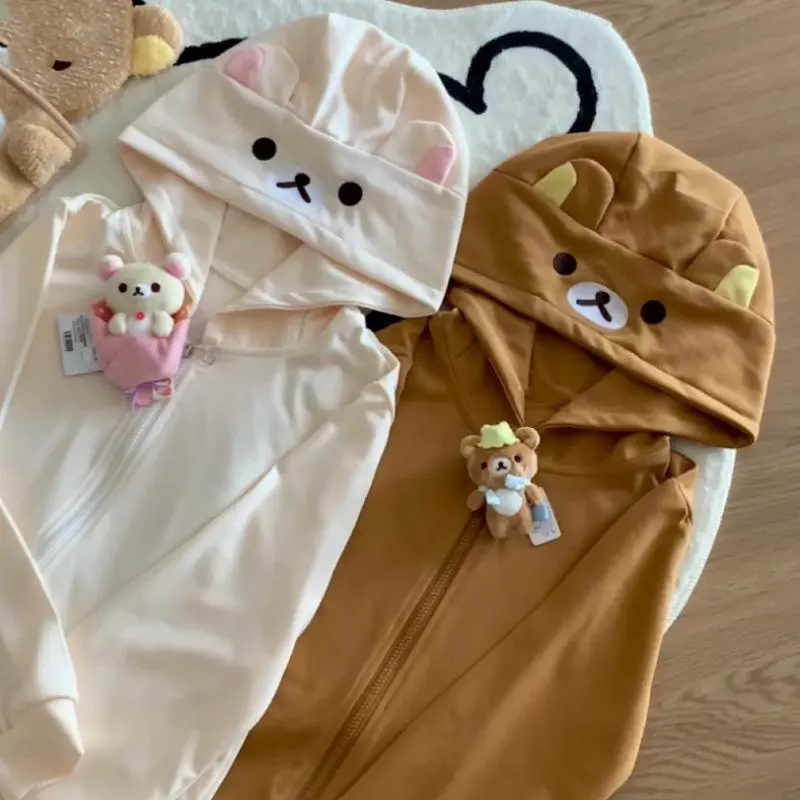 Rilakkuma Anime Series Long-Sleeve Zip-Up Hooded Jacket - Cute Casual Outerwear for Ladies, Multi-Size Rilakkuma Fandom Couple-Style Clothing
