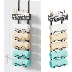 Over Door Towel Rack-6 Tier Over The Door Towel Racks for Bathroom, Wall Mount Towel Holder with Metal Shelf, Rolled Towel Organizer Door Hanging Towel Storage for Small Bathroom-Black