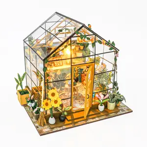 DIY Sunshine Flower House Kit with LED Light, Miniature Greenhouse 3D Wooden Puzzle, Botanical Craft Gift for Adults Teens