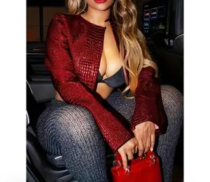 Burgundy Faux Crocodile Leather Crop Jacket