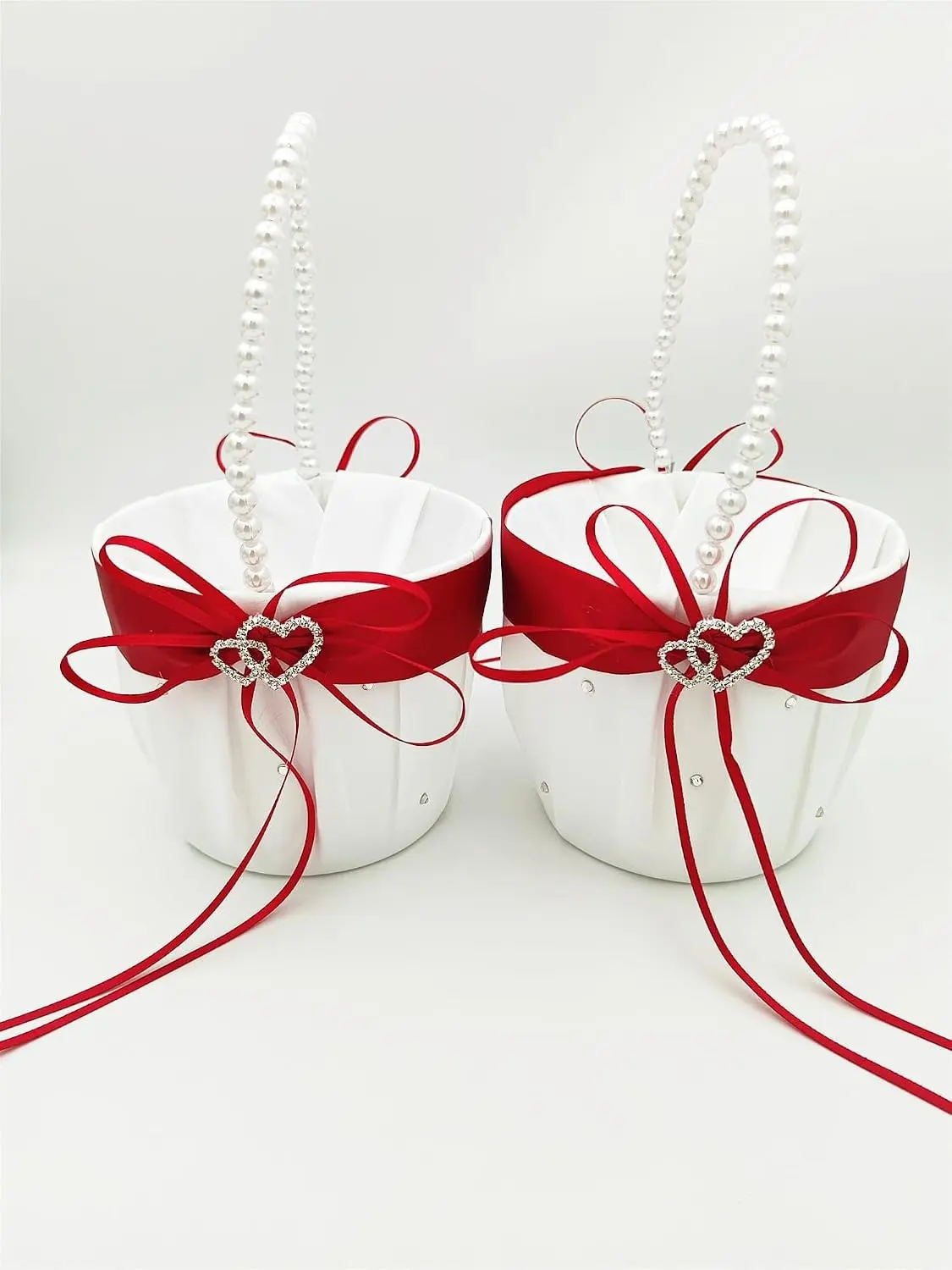 2 Pcs Wedding Flower Girl Baskets with Pearl Handle, White Satin Flower Storage Basket with Double Heart Rhinestone Craft for Engagement Ceremony Party Decor (Red)
