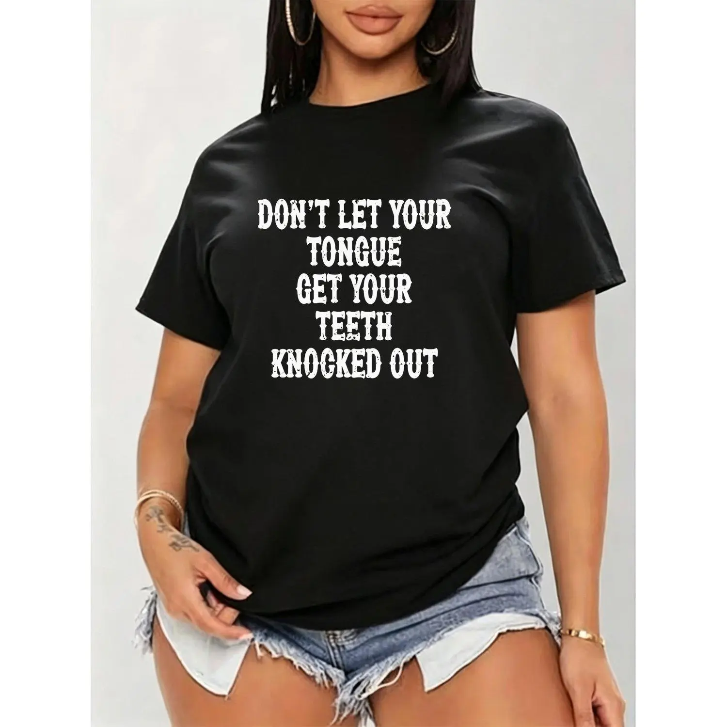 Funny Dental Humor Womens T Shirts Dont Let Your Tongue Get Your Teeth Knocked Out Slogan Comfortable Crew Neck Tee for Dentists Boxers Athletes Casual All Season Top