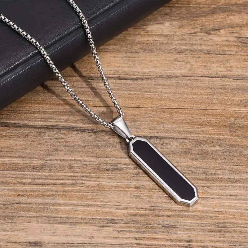 Men's Black Stainless Steel Enamel Geometric Pendant Necklace - Metal Coating, Bold Enamel Bar, Clean Minimalist Line, No Fuss, Not Loud, Trend-Ready Edge, Daily Casual Stylish Men's Jewelry Accessory
