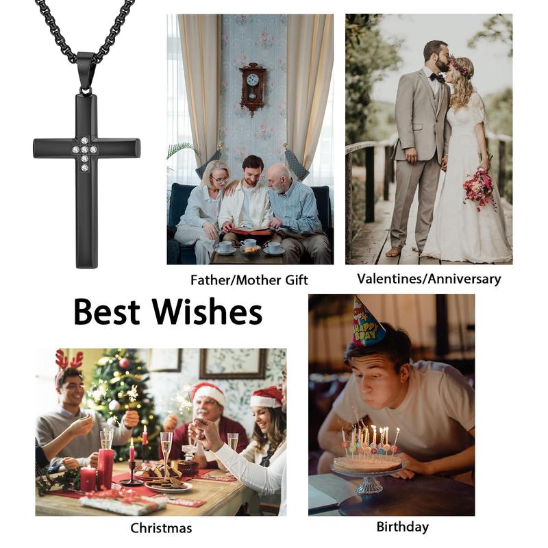 Mens Cross Necklace, Cubic Zirconia Cross Necklace Religious Jewelry for Women Stainless Steel Chain 24 Inch