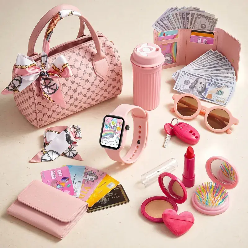 Play Purse for Little Girls, 32PCS Toddler Purse with Pretend Makeup for kids, Princess Toys includes Handbag, Phone, Wristwatch, Silk Scarf Kids Toy Purse Birthday Gift for Girls 3 4 5 6 +