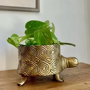 Gold Plated Turtle Planter Pot with Geometric Design for Indoor Plants
