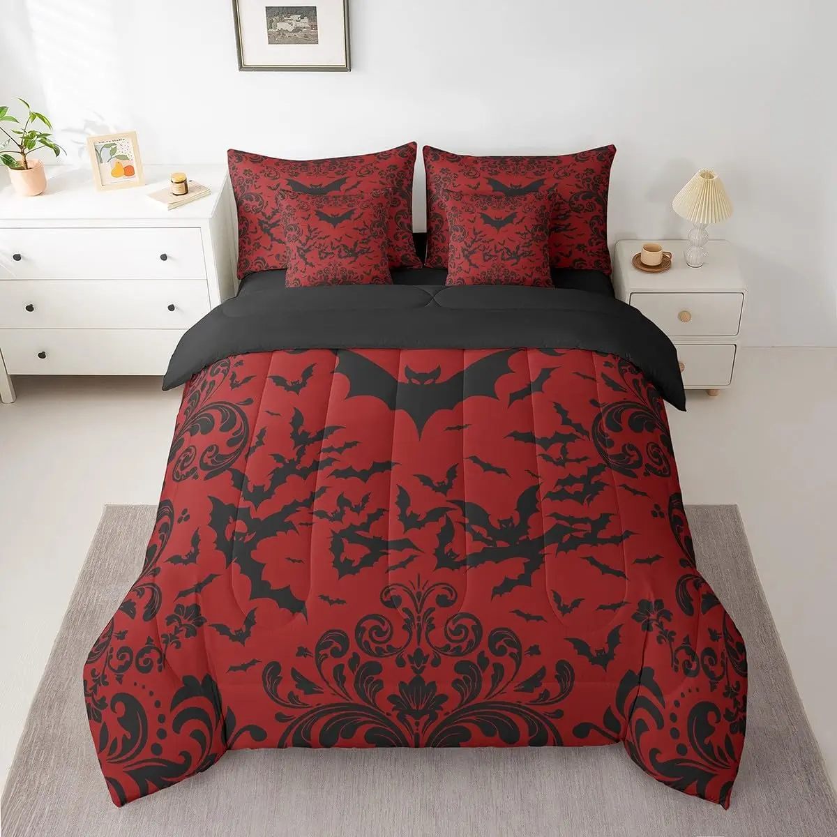 Halloween Bat Bedding Set,Red Black Gothic Comforter Set,7 Piece Men Goth Damask Bats Bed in A Bag with Sheets,Halloween Animal Bed Set