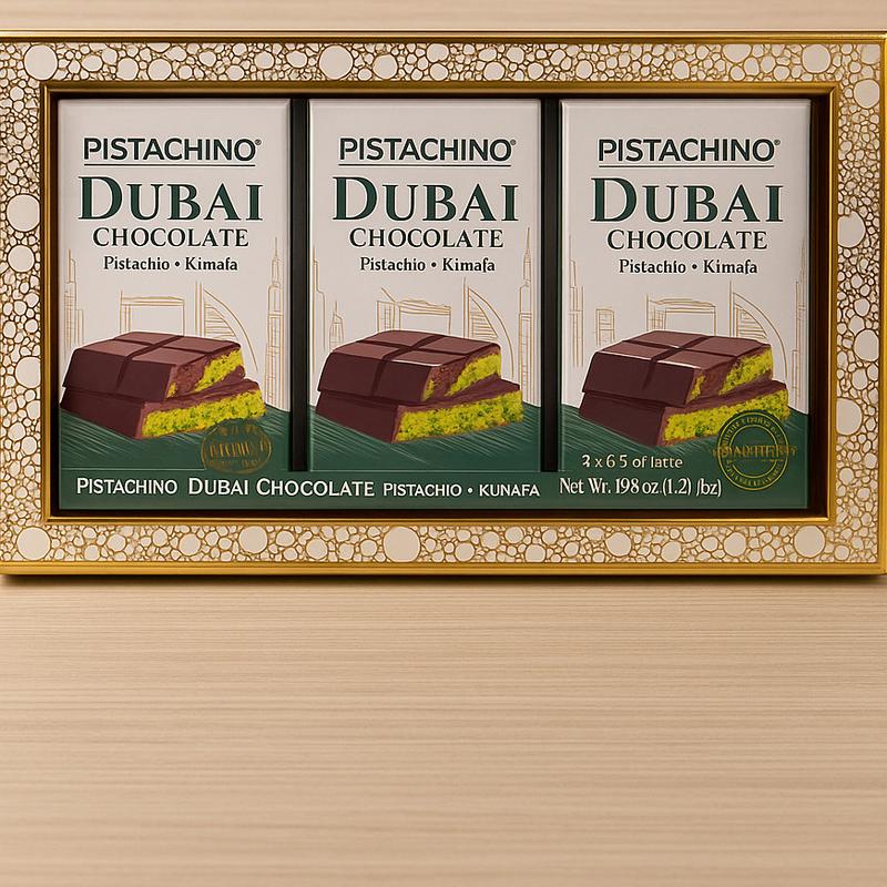 PISTACHINO Dubai Chocolate Gift Set, Premium Pistachio and Kunafa Filled Bars, 3 x 185g Dark Chocolate, Luxury Middle Eastern Collection a premimum gift