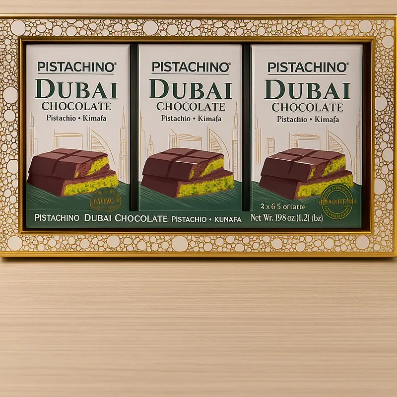 PISTACHINO Dubai Chocolate Gift Set, Premium Pistachio and Kunafa Filled Bars, 3 x 185g Dark Chocolate, Luxury Middle Eastern Collection a premimum gift