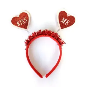 Valentine's Heart Kiss Me Women Headband - Sparkling Hearts Hairband with Tinsel for Women and Teens