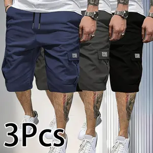 Men's Three-Piece Cargo Shorts Set with Slanted Pockets & Flap Pockets, Drawstring Waist, Versatile Casual Everyday Wear, Spring Summer Wardrobe Essential, Plus Size Menswear Plain Breathable khakis