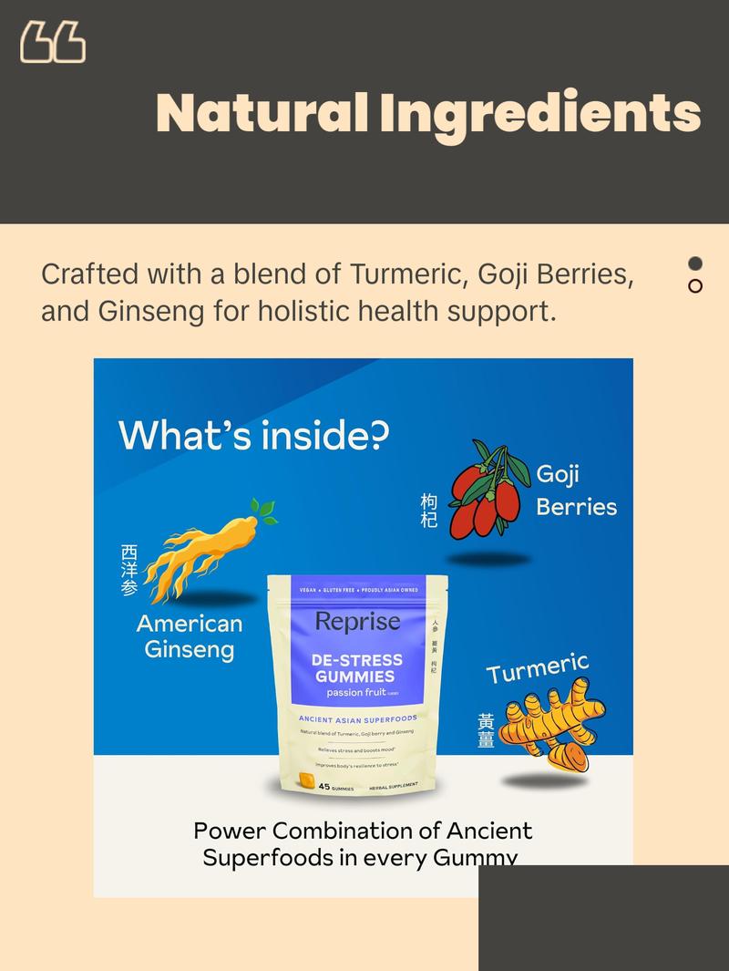 De-Stress Gummies with American Ginseng, Turmeric, and Goji - Assist with Stress Relief & Mood Boost, All-Natural Relaxation, Low-Sugar, 45 Vegan Gummies, Passion Fruit