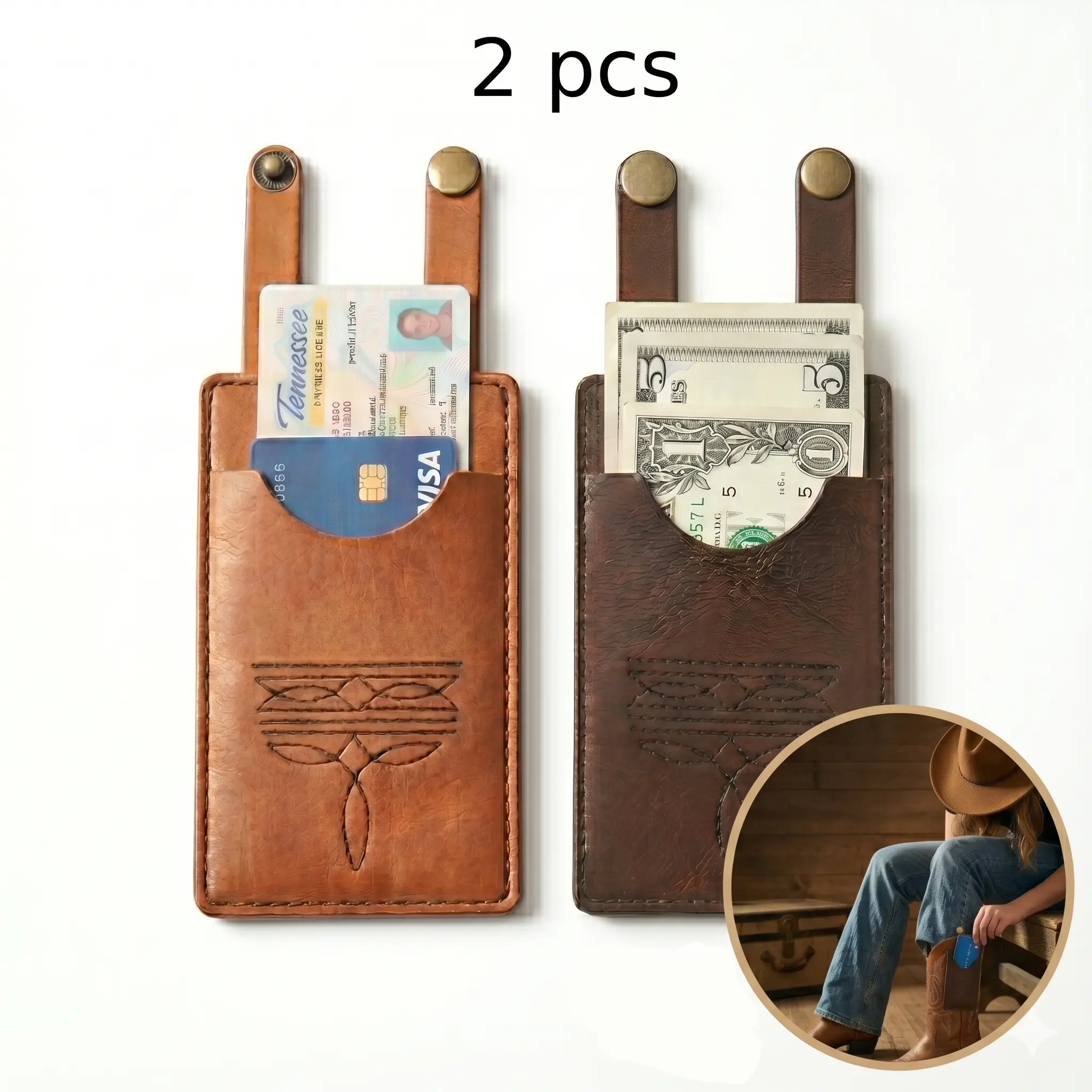Women's 2Pcs Vegan Leather Boot Wallet - Lightweight, Plain Anti-Theft Portable Mini Card Holder, Western Cowgirl Accessory for Country Concert, Rodeo Mom Gift