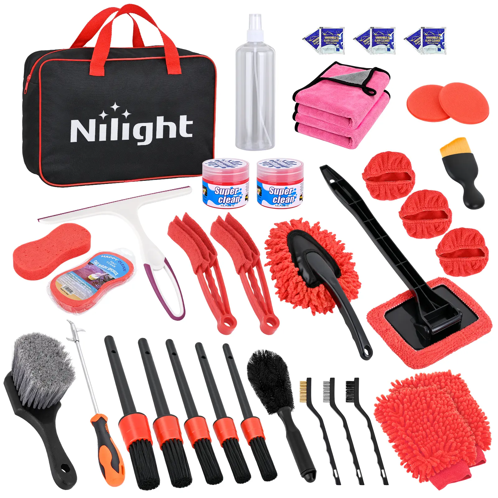 Nilight 37PCS Car Detailing Kit Auto Cleaning Tools Wash Set with Storage Carry Bag Home Use for Interior Exterior Deep Clean Car Care Windshield Dashboard Seat Air Vents Wheels Tires, Red