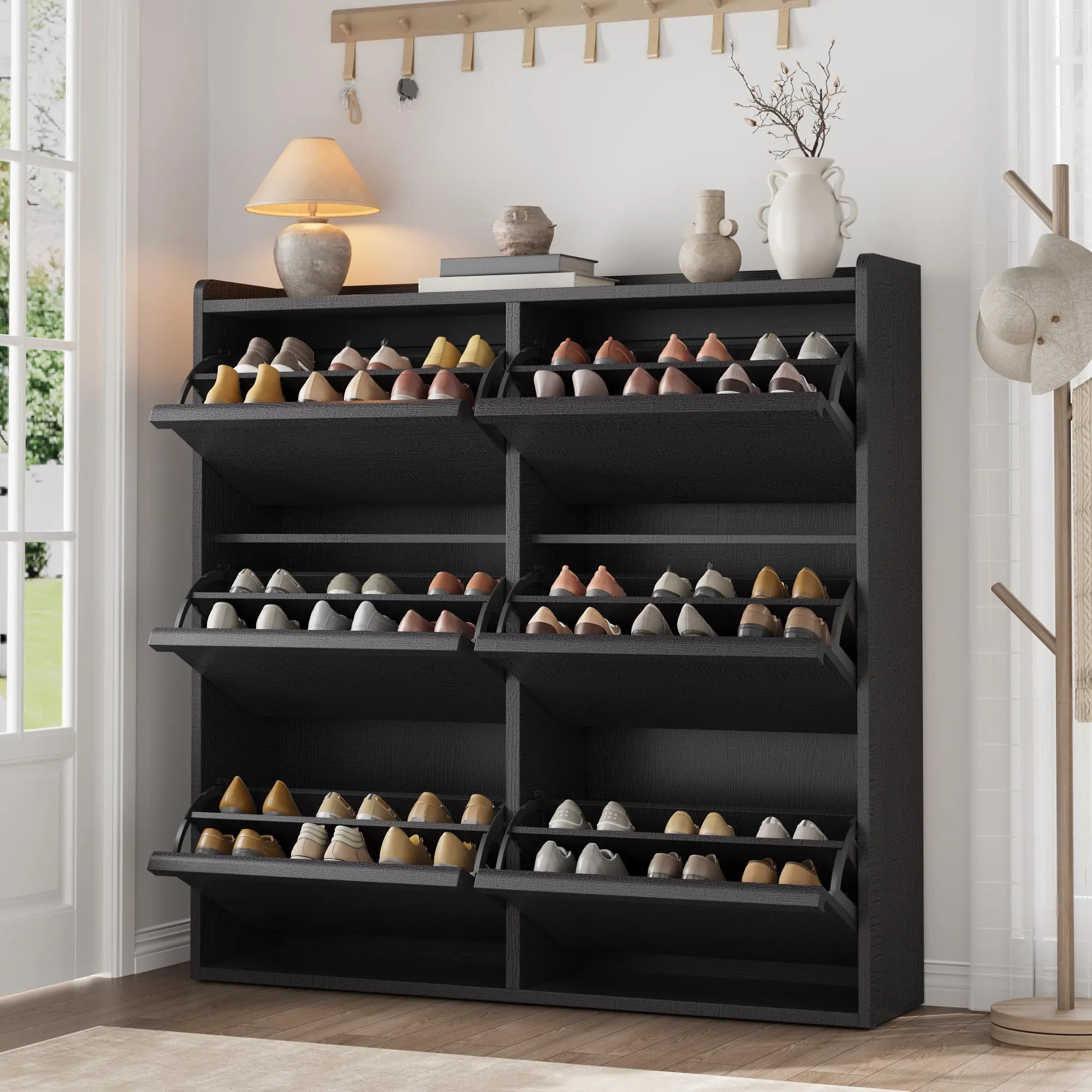 Black Engineered Wood 6-Flip Drawer Shoe Cabinet with Adjustable Shelf, Organiser Racks - Easy Setup, Refined Look Hidden Storage for Entryway, Hallway