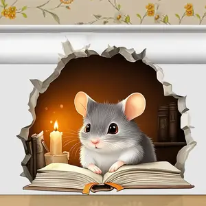 Wall Stickers for Mice Reading Books, Double-sided 3D Cute Mouse Hole Vinyl Wall Decoration Stickers, Suitable for Rooms, Classrooms, Homes, Bedrooms, Bookshelves, Book Enthusiasts, "Mouse and Man", Cute
