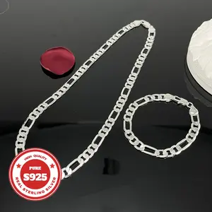 2pcs S925 Silver Figaro Necklace and Bracelet Set Combination, Men's and Women's, Suitable for Boyfriend, Wife, Girlfriend, Fashion Gifts, Valentine's Day Gifts, Various Festivals