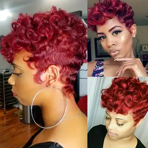 2025 NEW Wholesale Chic Burgundy 99J Loose Curly Wave Pixie Cut Human Hair Wig for Women - Glueless Short Brazilian Hair with Bangs, Full Machine Made, 4 Inch, Short Hair Wig