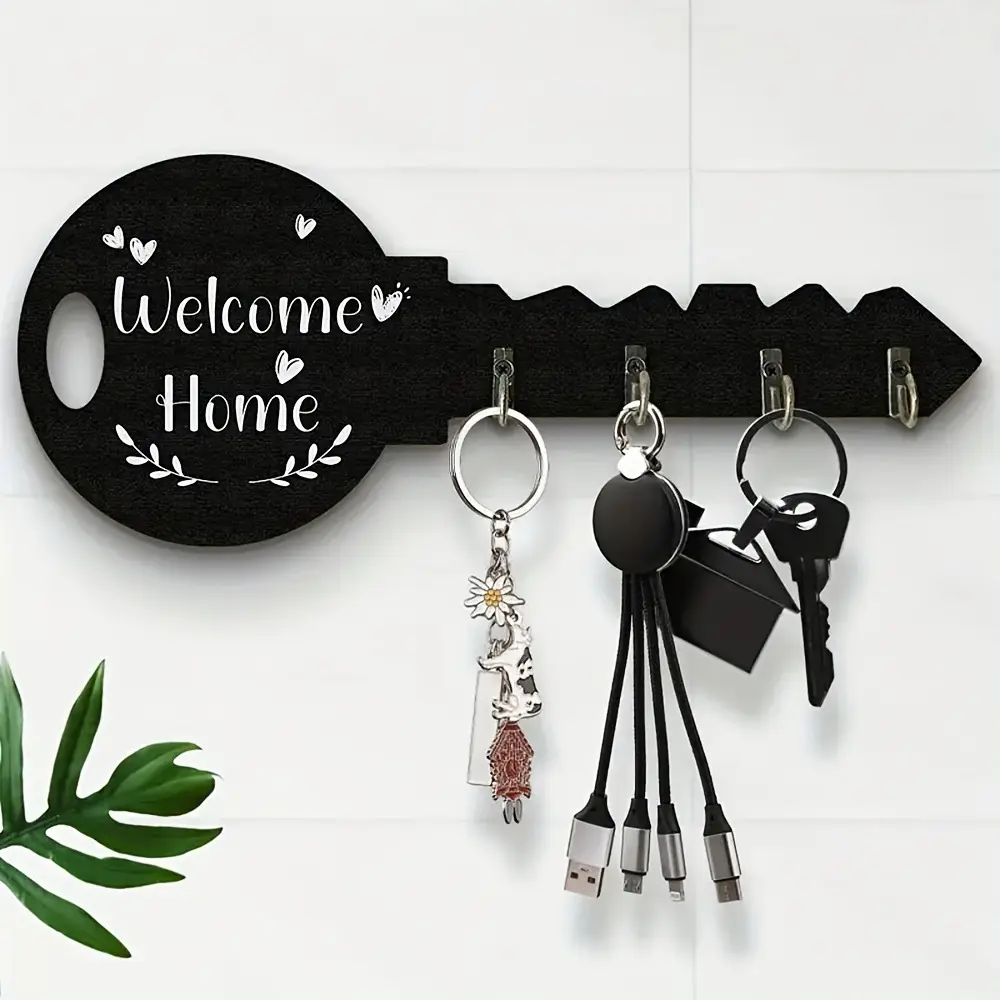 Modern Key Hook Wall Decor, Vintage Wooden Craft Hanging Accessory, Easy Installation Key Shape Coat Rack for Home Garage Organization