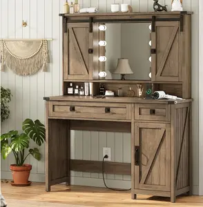 AOGLLATI Farmhouse Brown Makeup Vanity Desk with Makeup Vanity Glass, Lights, Barn Doors, Charging Station, Jewelry Hooks, Open Storage Shelves (Mother's Day Gift)