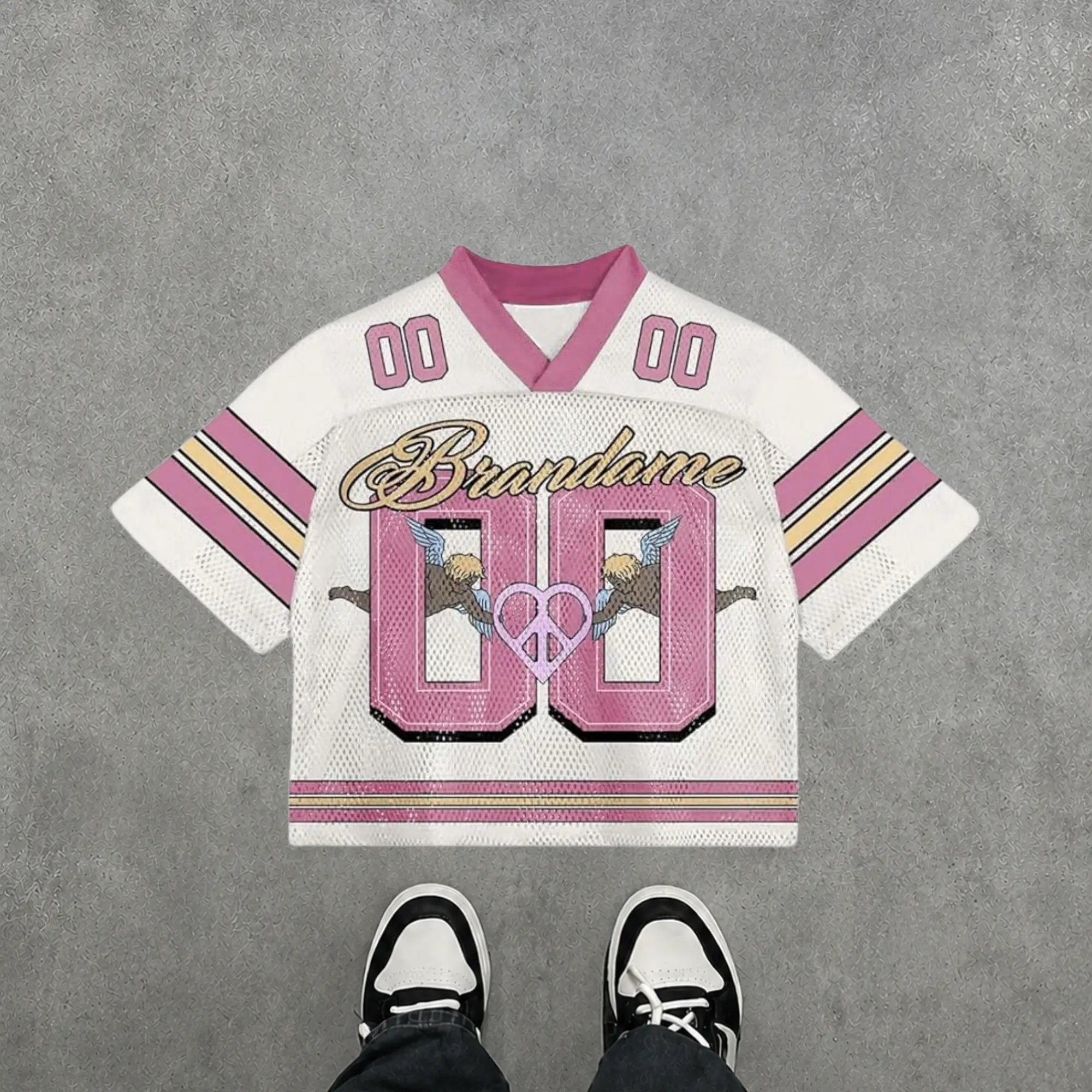 Custom Brandname Pink Graphic Mesh Football Jersey, Breathable Oversized Athletic Shirt, Trendy Y2K Top
