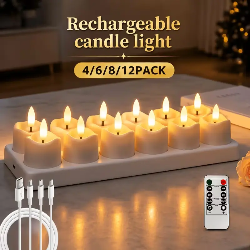 Rechargeable flameless LED tealights, set of 4/6/8/12 with timer function and charging base, perfect for Halloween, Christmas, holiday parties, home dining table lighting, and cozy decor for living rooms or bedrooms