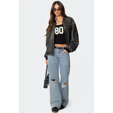 Vava Washed Faux Leather Bomber Jacket