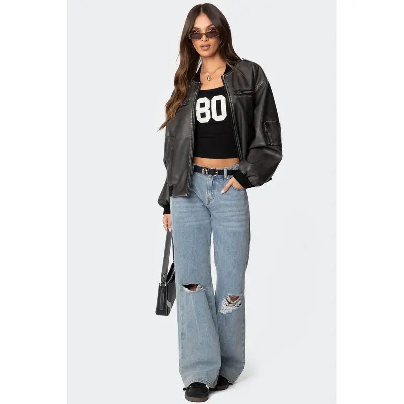 Vava Washed Faux Leather Bomber Jacket
