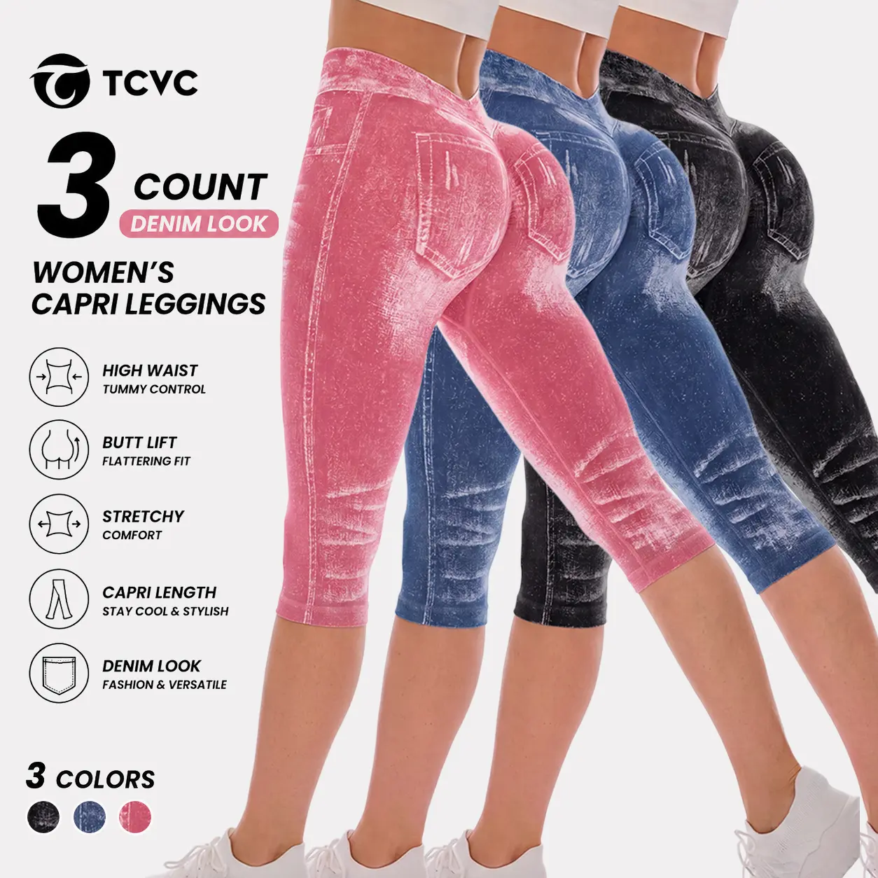 TCVC Women's Faux Denim Print Capri Leggings, High Waist V Back Scrunch Butt Fake Jean Capris, Stretchy Tummy Control Printed Workout Leggings for Casual Streetwear
