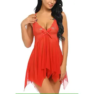 Assorted Color Sexy Sleepwear Babydoll with Thong Lace Trimmed Spandex Nightie for Women Comfortable Fit Elegant Design Soft Womenswear Lingerie Loungewear Sleeveless